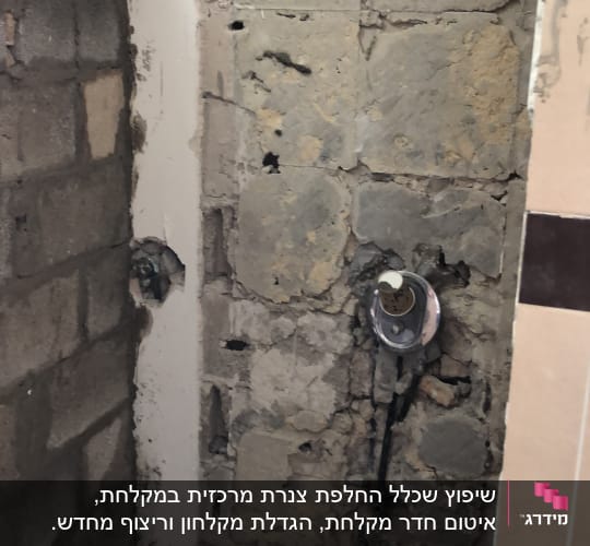 קיר חשוף עם צנרת חשמל ושקע במהלך שיפוץ